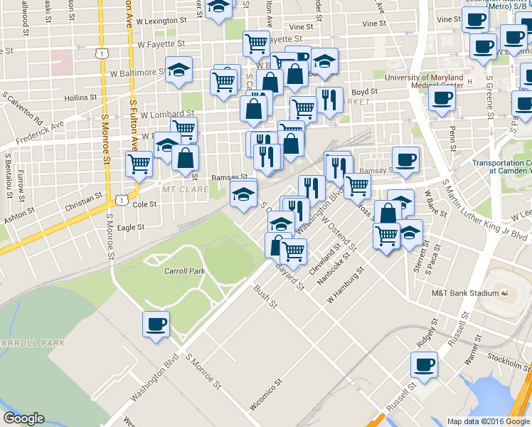 map of restaurants, bars, coffee shops, grocery stores, and more near 916 South Carey Street in Baltimore