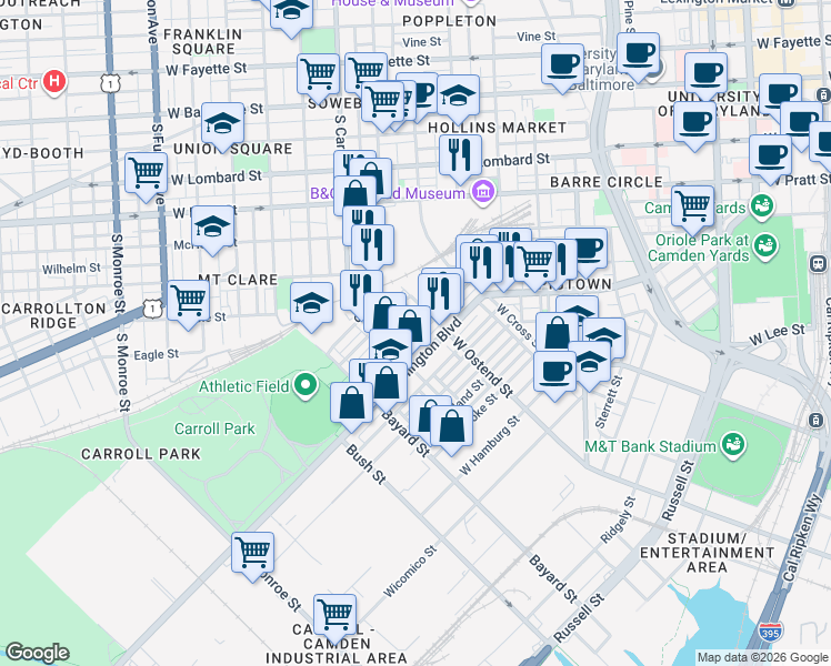map of restaurants, bars, coffee shops, grocery stores, and more near 1240 Sargeant Street in Baltimore