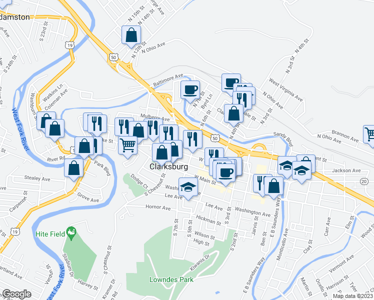 map of restaurants, bars, coffee shops, grocery stores, and more near 500 West Pike Street in Clarksburg