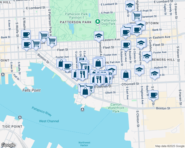 map of restaurants, bars, coffee shops, grocery stores, and more near 918 South Kenwood Avenue in Baltimore