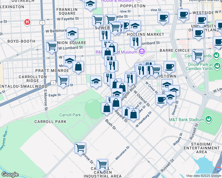 map of restaurants, bars, coffee shops, grocery stores, and more near 916 South Carey Street in Baltimore