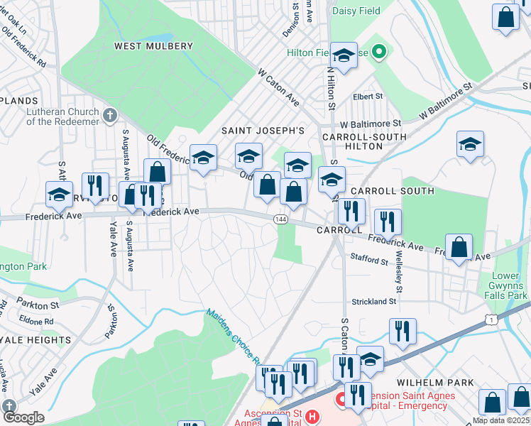 map of restaurants, bars, coffee shops, grocery stores, and more near 3600 Frederick Avenue in Baltimore