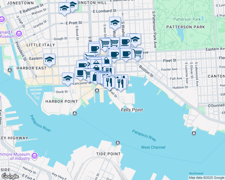map of restaurants, bars, coffee shops, grocery stores, and more near 905 Fell Street in Baltimore