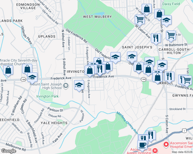 map of restaurants, bars, coffee shops, grocery stores, and more near Frederick Ave & Collins Ave in Baltimore