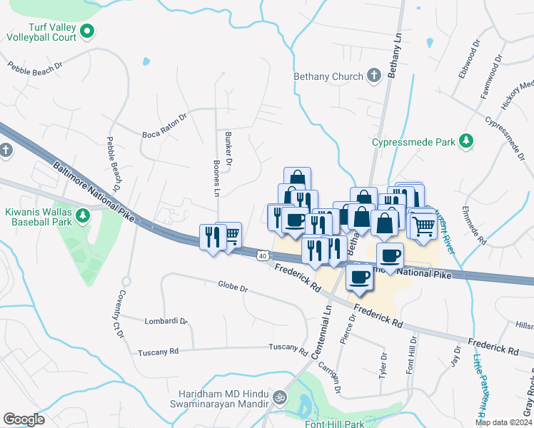 map of restaurants, bars, coffee shops, grocery stores, and more near 3250 Pine Orchard Lane in Ellicott City