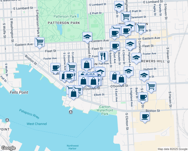 map of restaurants, bars, coffee shops, grocery stores, and more near 910 South Curley Street in Baltimore