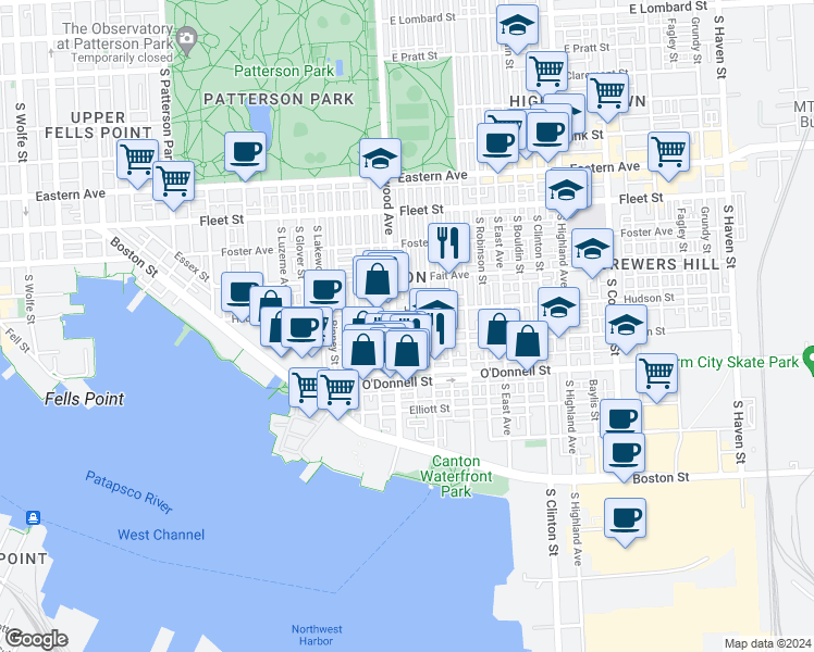 map of restaurants, bars, coffee shops, grocery stores, and more near 910 South Curley Street in Baltimore