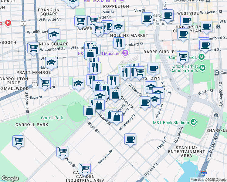 map of restaurants, bars, coffee shops, grocery stores, and more near 1200 Washington Boulevard in Baltimore