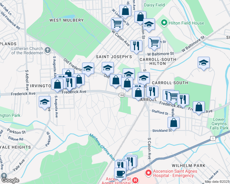 map of restaurants, bars, coffee shops, grocery stores, and more near 3600 Frederick Avenue in Baltimore