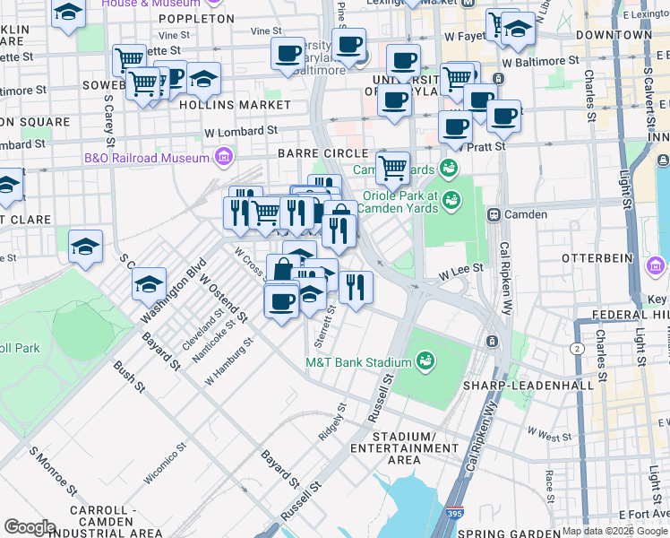 map of restaurants, bars, coffee shops, grocery stores, and more near 827 West Barre Street in Baltimore