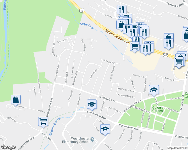 map of restaurants, bars, coffee shops, grocery stores, and more near 425 Neepier Road in Catonsville