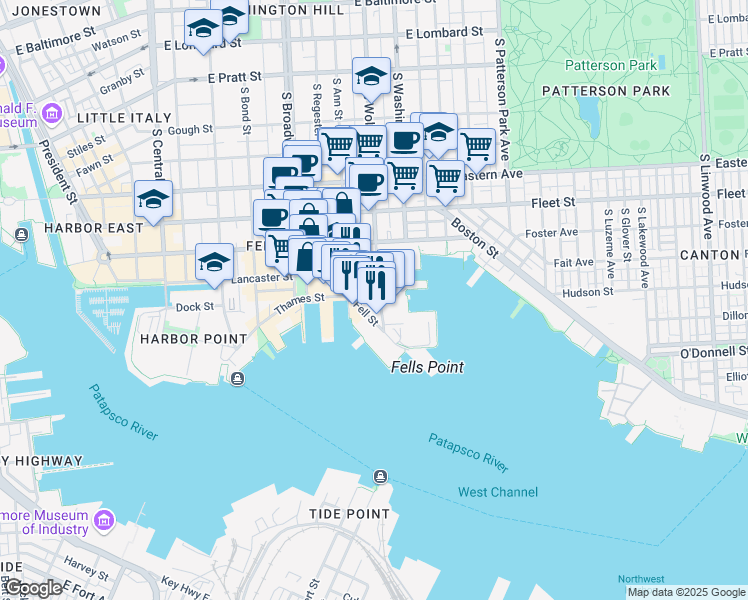 map of restaurants, bars, coffee shops, grocery stores, and more near 1830 Thames Street in Baltimore