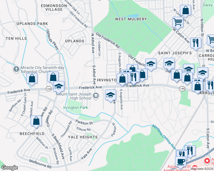 map of restaurants, bars, coffee shops, grocery stores, and more near 4300 Frederick Avenue in Baltimore