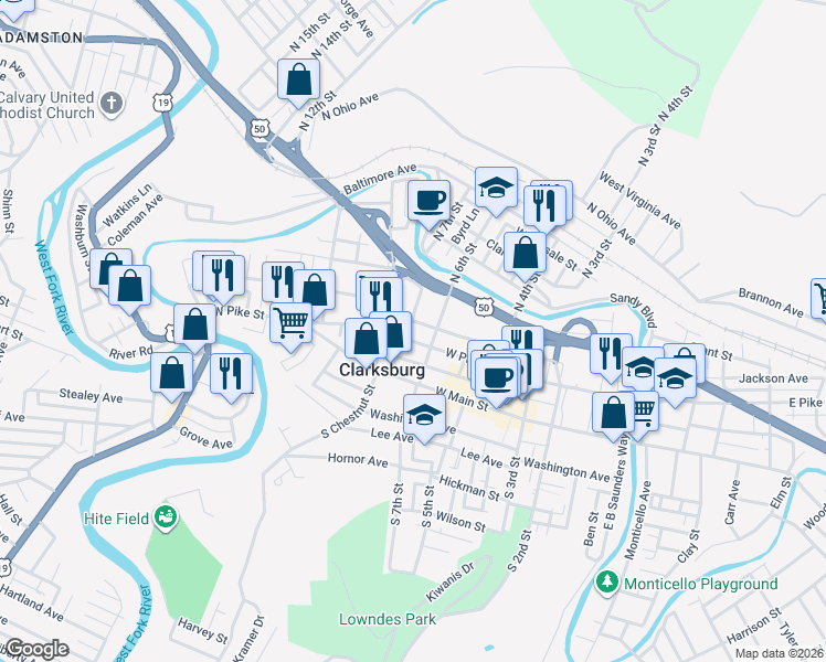 map of restaurants, bars, coffee shops, grocery stores, and more near 500 West Pike Street in Clarksburg