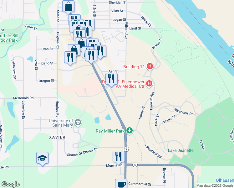map of restaurants, bars, coffee shops, grocery stores, and more near 3525 South 4th Street in Leavenworth
