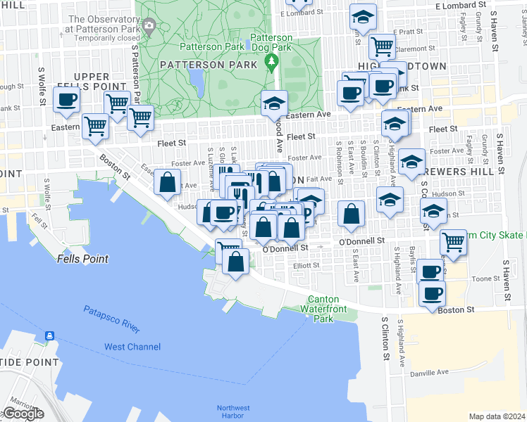 map of restaurants, bars, coffee shops, grocery stores, and more near 913 South Kenwood Avenue in Baltimore