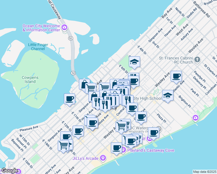 map of restaurants, bars, coffee shops, grocery stores, and more near 745 Moore Avenue in Ocean City