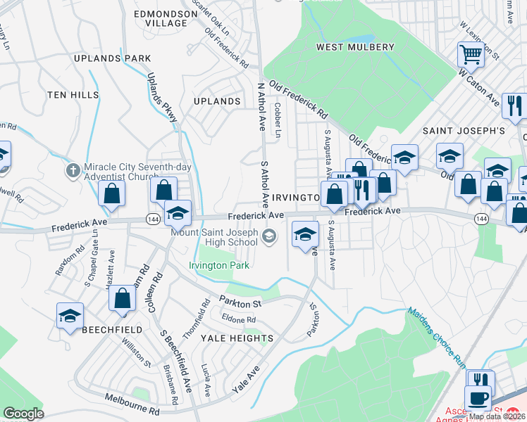 map of restaurants, bars, coffee shops, grocery stores, and more near 4400 Frederick Avenue in Baltimore
