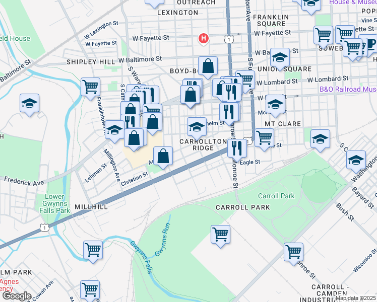 map of restaurants, bars, coffee shops, grocery stores, and more near 424 South Pulaski Street in Baltimore