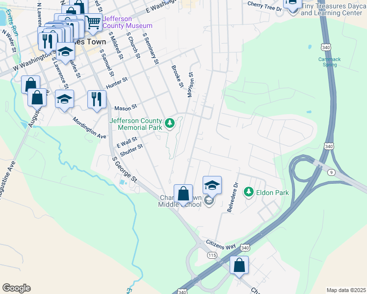 map of restaurants, bars, coffee shops, grocery stores, and more near 725 Morison Street in Charles Town