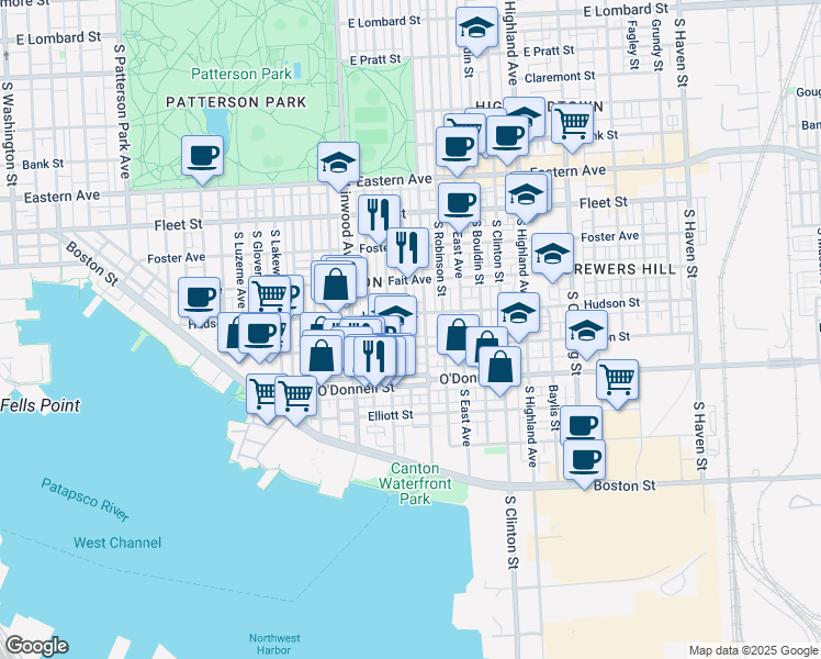 map of restaurants, bars, coffee shops, grocery stores, and more near 915 South Decker Avenue in Baltimore