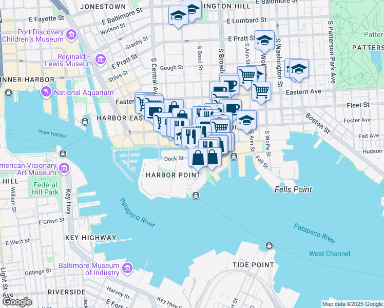 map of restaurants, bars, coffee shops, grocery stores, and more near 803 South Caroline Street in Baltimore