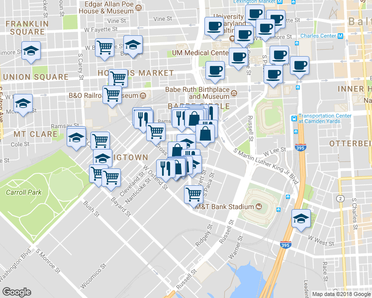map of restaurants, bars, coffee shops, grocery stores, and more near 610 Scott Street in Baltimore