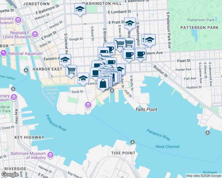 map of restaurants, bars, coffee shops, grocery stores, and more near South Broadway & Thames Street in Baltimore