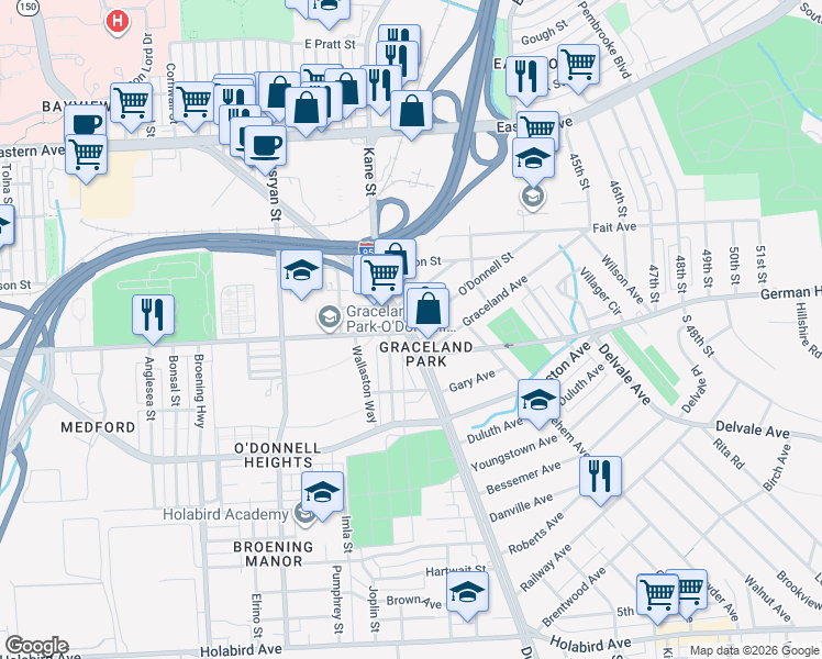 map of restaurants, bars, coffee shops, grocery stores, and more near Dundalk Ave & O'Donnell St in Baltimore