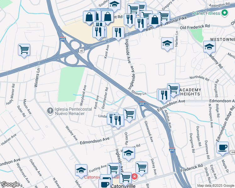 map of restaurants, bars, coffee shops, grocery stores, and more near 707 Fern Valley Circle in Catonsville