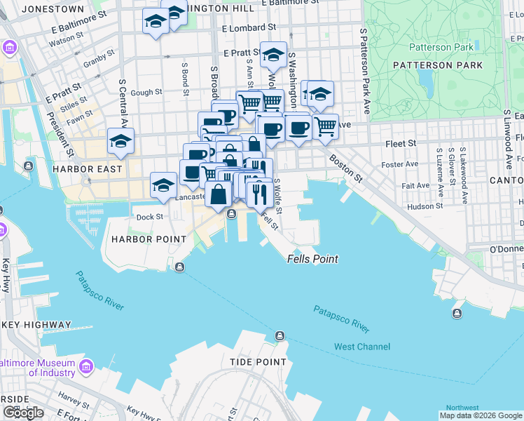 map of restaurants, bars, coffee shops, grocery stores, and more near 1809 Thames Street in Baltimore