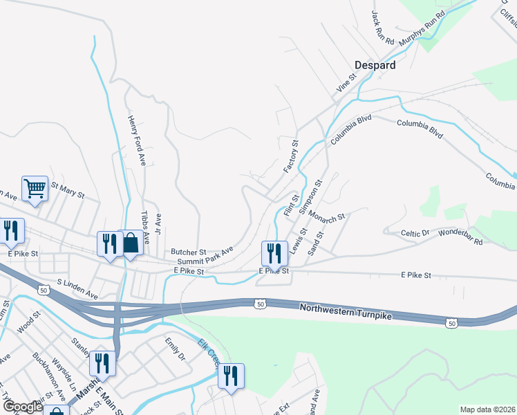 map of restaurants, bars, coffee shops, grocery stores, and more near 650 Summit Park Ave in Clarksburg