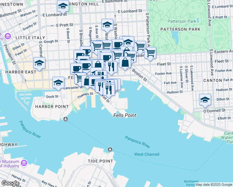 map of restaurants, bars, coffee shops, grocery stores, and more near 1909 Thames Street in Baltimore