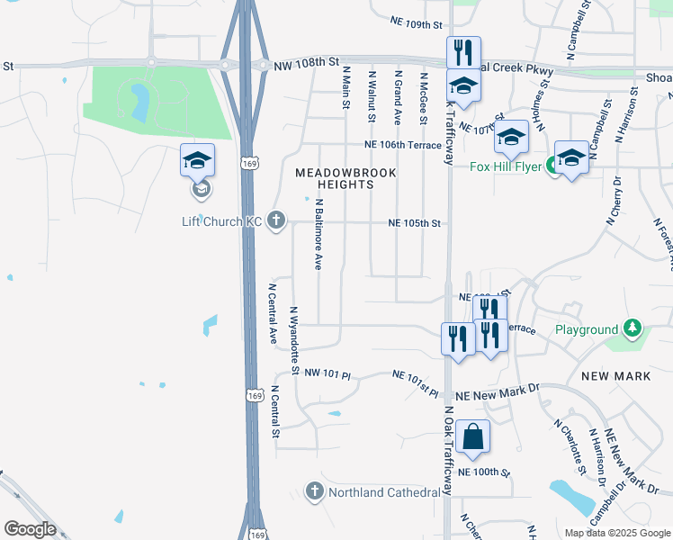 map of restaurants, bars, coffee shops, grocery stores, and more near 10330 North Main Street in Kansas City