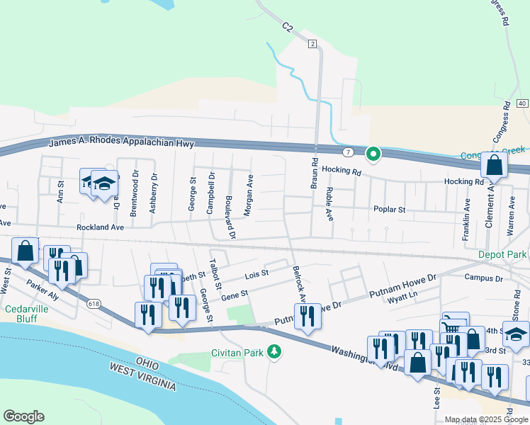 map of restaurants, bars, coffee shops, grocery stores, and more near 1511 Prairie Drive in Belpre