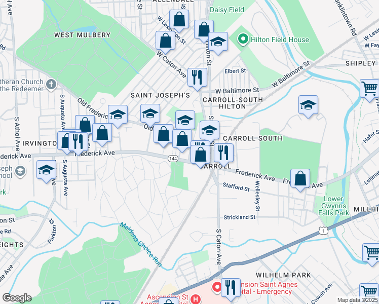 map of restaurants, bars, coffee shops, grocery stores, and more near 3419 Old Frederick Road in Baltimore