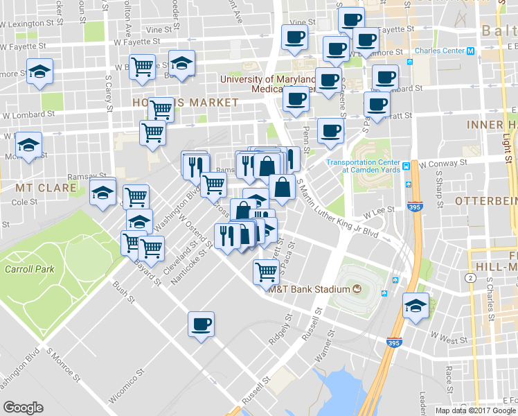 map of restaurants, bars, coffee shops, grocery stores, and more near Scott Street in Baltimore