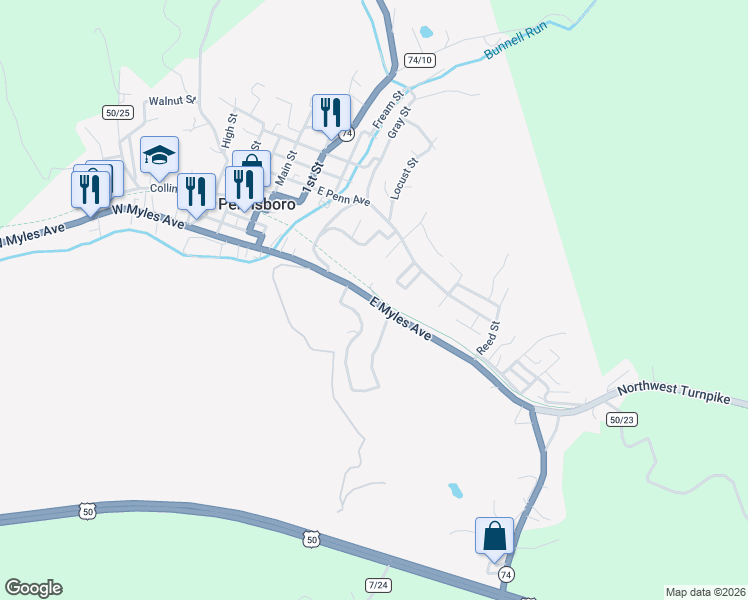 map of restaurants, bars, coffee shops, grocery stores, and more near Pullman Drive in Pennsboro