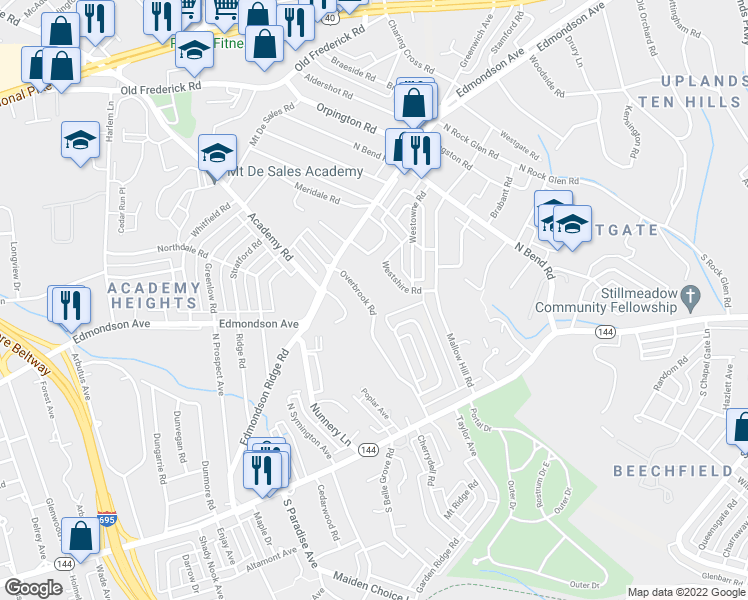 map of restaurants, bars, coffee shops, grocery stores, and more near 19 Overbrook Road in Catonsville
