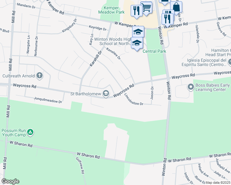 map of restaurants, bars, coffee shops, grocery stores, and more near 1308 Longacre Drive in Cincinnati