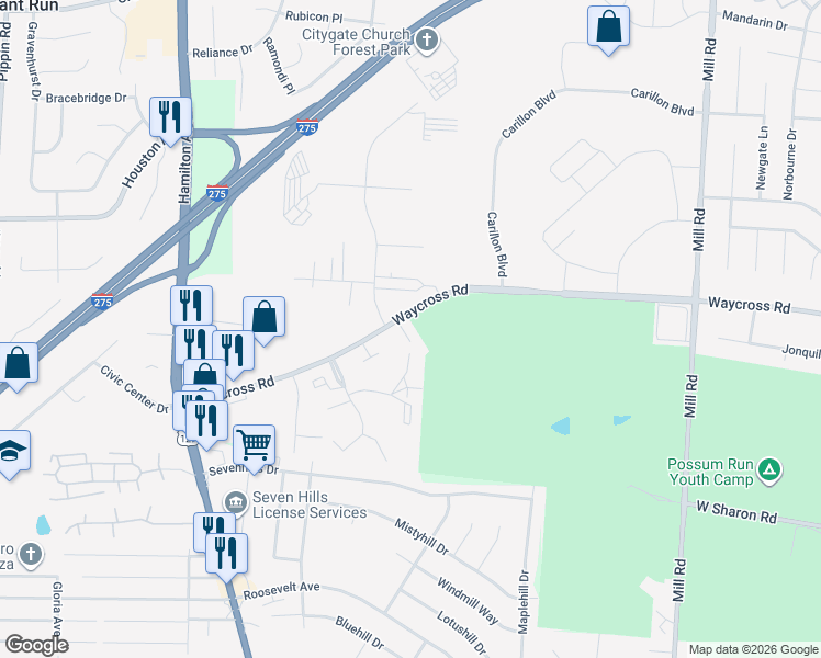 map of restaurants, bars, coffee shops, grocery stores, and more near 1997 Waycross Road in Cincinnati