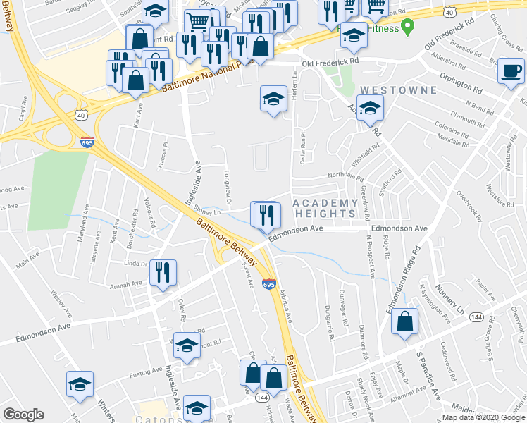 map of restaurants, bars, coffee shops, grocery stores, and more near 605 Stoney Lane in Catonsville