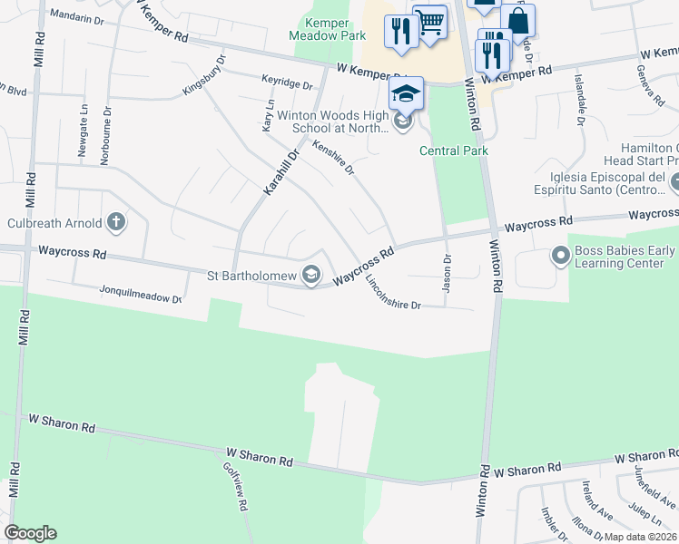 map of restaurants, bars, coffee shops, grocery stores, and more near 1308 Longacre Drive in Cincinnati