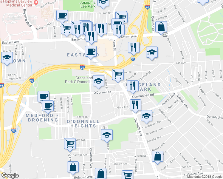 map of restaurants, bars, coffee shops, grocery stores, and more near 6434 O Donnell Street in Baltimore
