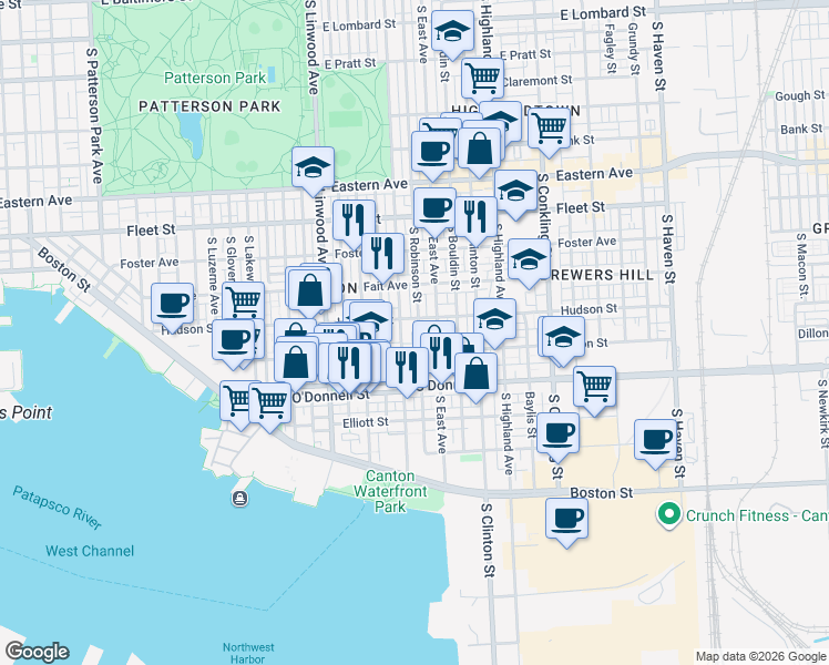 map of restaurants, bars, coffee shops, grocery stores, and more near 918 South Robinson Street in Baltimore