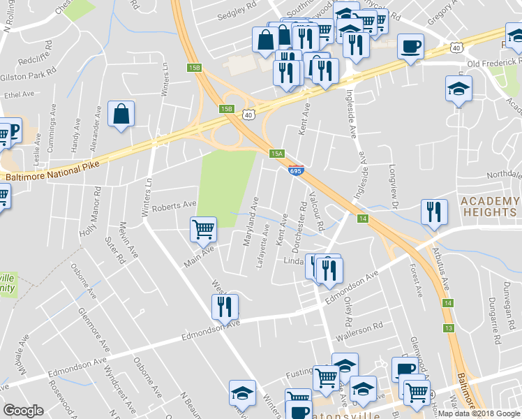 map of restaurants, bars, coffee shops, grocery stores, and more near 1009 Woodsdale Road in Catonsville