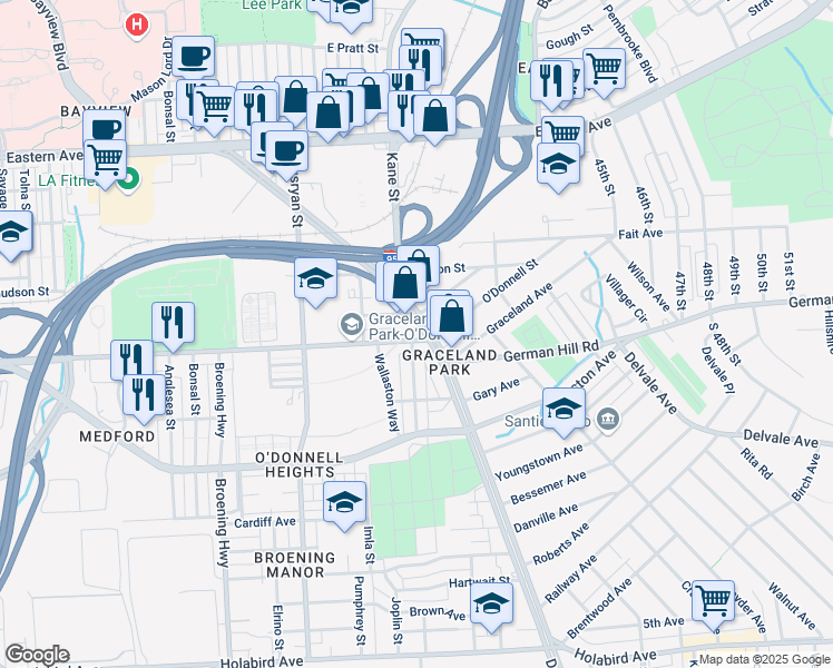 map of restaurants, bars, coffee shops, grocery stores, and more near 6522 O Donnell Street in Baltimore