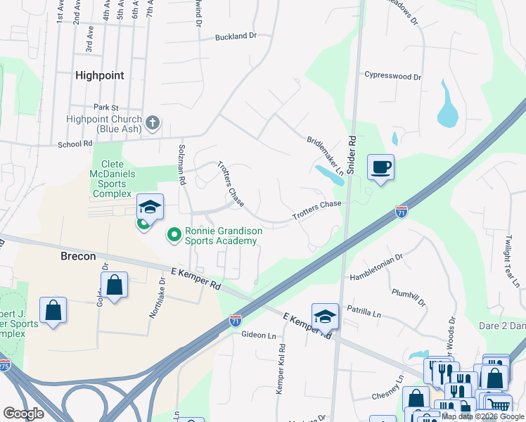map of restaurants, bars, coffee shops, grocery stores, and more near 11732 Thayer Lane in Cincinnati