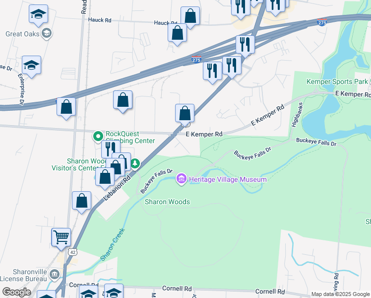 map of restaurants, bars, coffee shops, grocery stores, and more near 100 Partnership Way in Sharonville