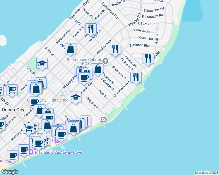 map of restaurants, bars, coffee shops, grocery stores, and more near 850 Delancey Place in Ocean City